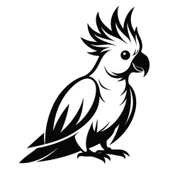 Majestic Cockatoo Black and White Illustration Striking Avian Art Detailed Crest Feathers and Elegant Design