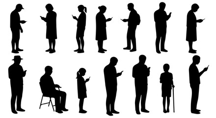 Silhouette people using smartphones, diverse group of people engrossed in cellphones in a variety of poses. Silhouette people are looking at phones and reading news or texting friends.