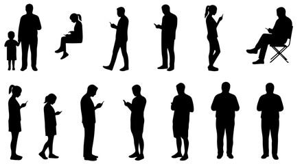 Silhouettes of people using mobile devices create a scene, showing varied figures with cellphones. These silhouettes with cellphones represent a connected world.
