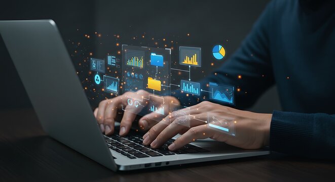 A person is typing on a laptop with digital charts and graphs floating above, representing data analysis and business intelligence - Powered by Adobe