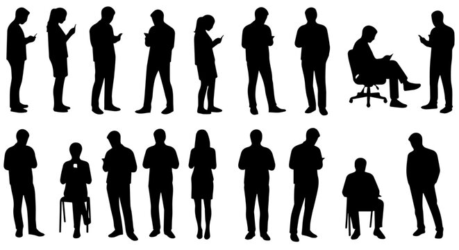 People using phone, several silhouettes are seen, capturing a common modern scene. People using phone in various poses, highlighting the prevalence of mobile technology in everyday life,