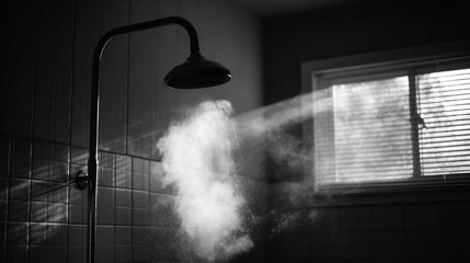Steam from a shower head in a dimly lit bathroom
