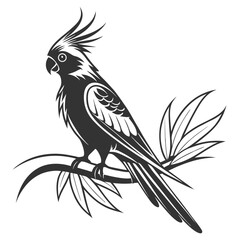 Monochrome Silhouette Illustration of a Cockatoo Perched on a Branch with Decorative Leaves