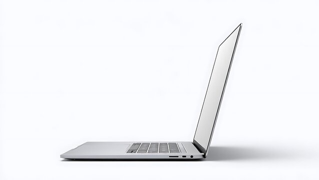 Side view of a silver laptop with a blank white screen against a white backdrop