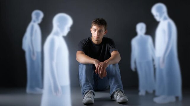 Young man feeling excluded, sitting alone with ghostly figures