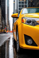 Yellow cab on wet street in Manhattan during daytime