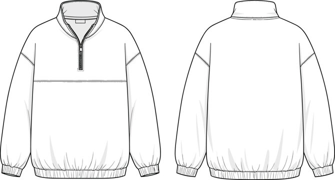 Quarter zip pullover flat sketch, vector sweatshirt design, technical fashion drawing, long sleeve casual top, front and back view, clothing template