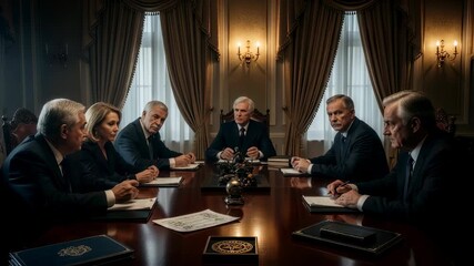 Men in suits at formal meeting in elegant room. Government officials or business executives gather around table. Leadership, politics, or corporate decision-making concept.