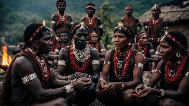 Indigenous tribe gathering in traditional attire. African men and women with face paint and jewelry. Cultural ceremony in forest. Ethnic diversity and heritage concept.