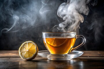 A cup of tea with lemon slice and steam on a wooden table with dark background
