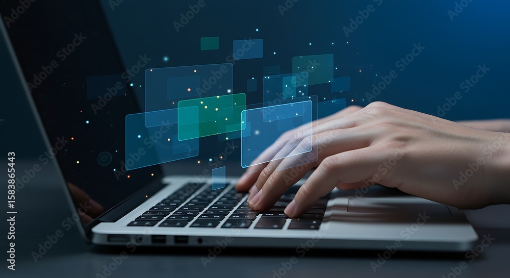 Poster closeup of hands typing on a laptop keyboard, interacting with a digital interface, representing mod