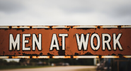 Fototapeta premium Vintage weathered sign indicating men at work in a rural or industrial area representing hard labor and potential hazards