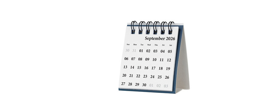 Desktop calendar for September 2026 in white colour. Mini planner for business and finance, spiral view on isolated white background close up.