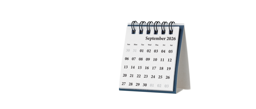 Desktop calendar for September 2026 in white colour. Mini planner for business and finance, spiral view on isolated white background close up.