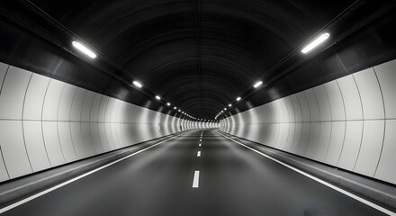 Symmetrical tunnel with perspective view of illuminated highway road interior