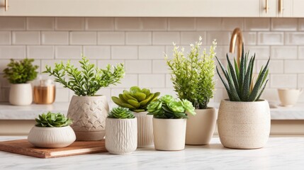Fototapeta premium Assortment of faux potted plants arranged on a kitchen counter as home dÃ©cor