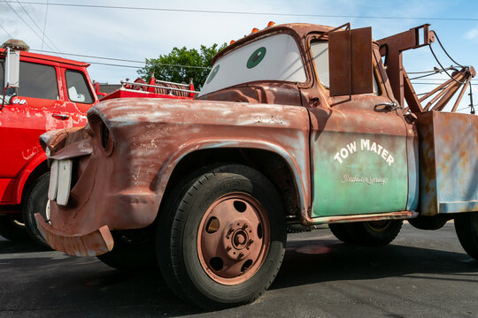 Galena, Kansas, USA - June 18th 2025 - The inspiration for the character of 'Mater' in the Disney Pixar film 'Cars' located at the 'Cars on the route' vintage garage and service station, Route 66.