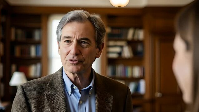 Senior man talking in a home library, offering advice. Communication, education, trust, mentorship, leadership concepts. Healthcare, finance, and consulting applications.