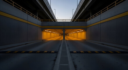 Naklejka premium Symmetrical Urban Passage Underneath Bridge With Illuminating Lights And Architectural Details