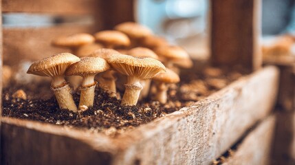 Brown mushrooms growing in soil inside a wooden crate, close-up of mushroom cultivation