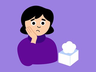 Sad woman with flu and box of tissues on transparent background