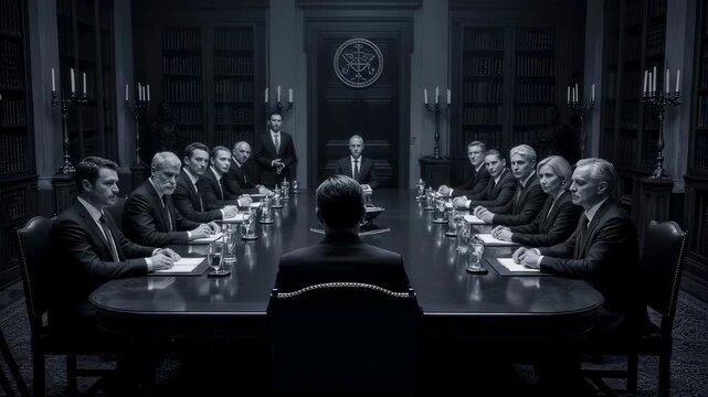 Shadowy boardroom meeting with executives in dark suits around long table. Corporate power, secret negotiations, leadership concept. Dramatic noir-style business scene.