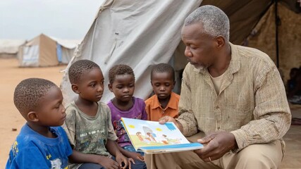 Teacher reading a book to african children in refugee camp