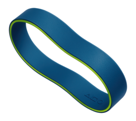 Blue silicone stretch band with textured surface for rehabilitation exercises