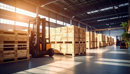 Forklift Operation A Sturdy Wooden Pallet Stack in a Bright Industrial Warehouse for Storage and Distribution