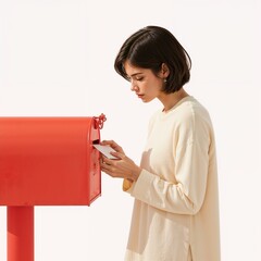 Woman in cream shirt inserts letter into bright red mailbox on white background