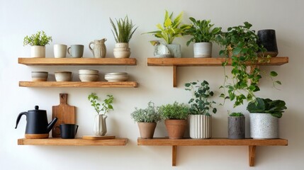 Clean dishware and green plants organized on wall-mounted shelves indoors