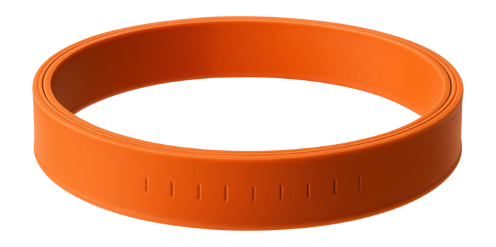 Circular loop band in orange with printed tension level for guided fitness classes