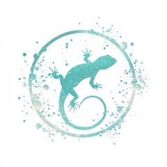 Teal lizard silhouette framed by a circle with splatter