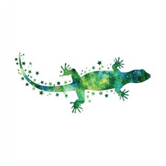 Fototapeta premium A stylized lizard illustration with a galaxy-like green color scheme and scattered star details