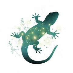 Naklejka premium Teal lizard silhouette with glowing spots and foliage