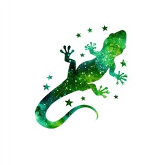 A vibrant green gecko, speckled with starry nebulae, against a white background