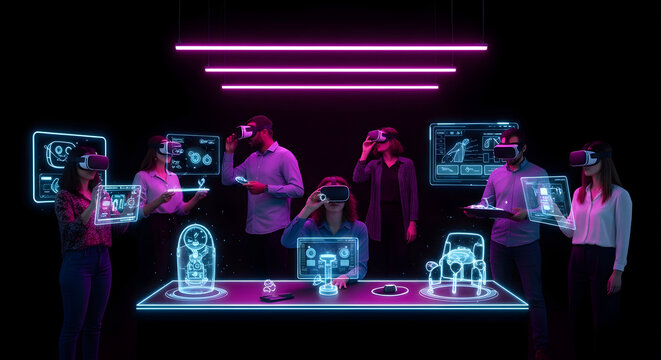 Virtual Reality Collaboration: A Team Working with VR Headsets in a Futuristic Setting - Powered by Adobe