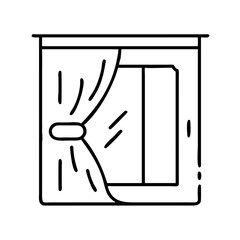 Simple line drawing of window with open curtains at home  