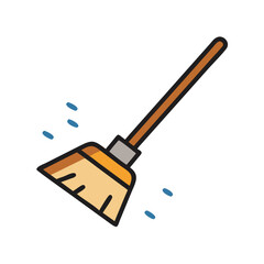 Broom sweeping with blue dust particles in minimalist style - Concept of icon, vector, housewarming  