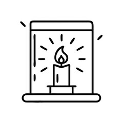 Candle in glass jar glowing warmly on windowsill with light bursts  