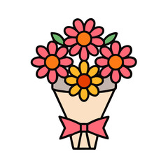 Colorful bouquet of flowers in paper wrapping with ribbon  