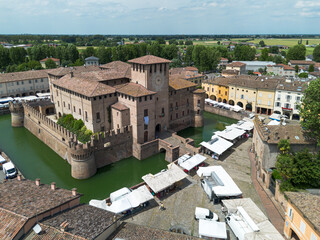 Aerial view of Rocca Sanvitale, a massive medieval fortress in Fontanellato, Parma province, Emilia-Romagna, Italy