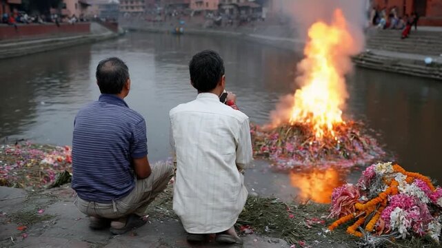 Mourners observing cremation ceremony by bagmati river in kathmandu