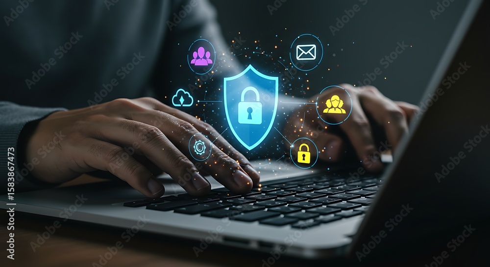Poster hands are typing on a laptop keyboard, surrounded by cybersecurity icons, representing data protecti