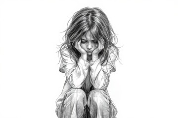 Pencil sketch of a young girl with unkempt hair sitting with her head resting on her hands looking sad
