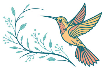 Hummingbird Flying Near a Branch with Berries and Leaves Illustration