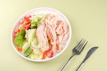 Cherry tomato and turkey salad in white bowl for weight loss, nutrition, and food blog content