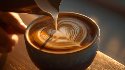 Pouring milk into coffee creating latte art with a heart shape design close up