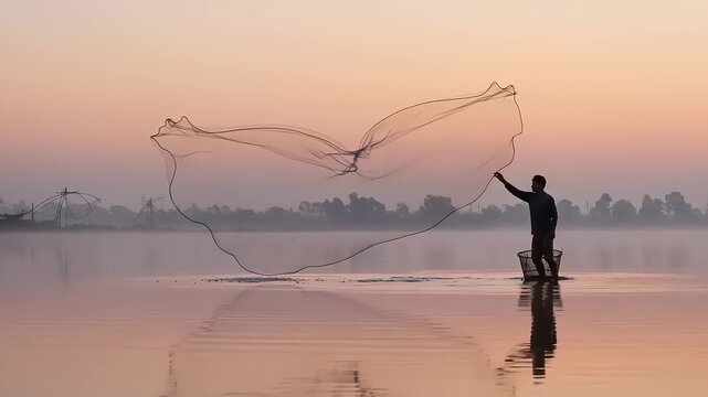 Silhouette of fisherman casting a fishing net at dawn