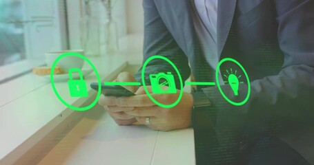 Male tapping phone and unlocking padlock displaying camera lightbulb icons for secure data workflow - Powered by Adobe